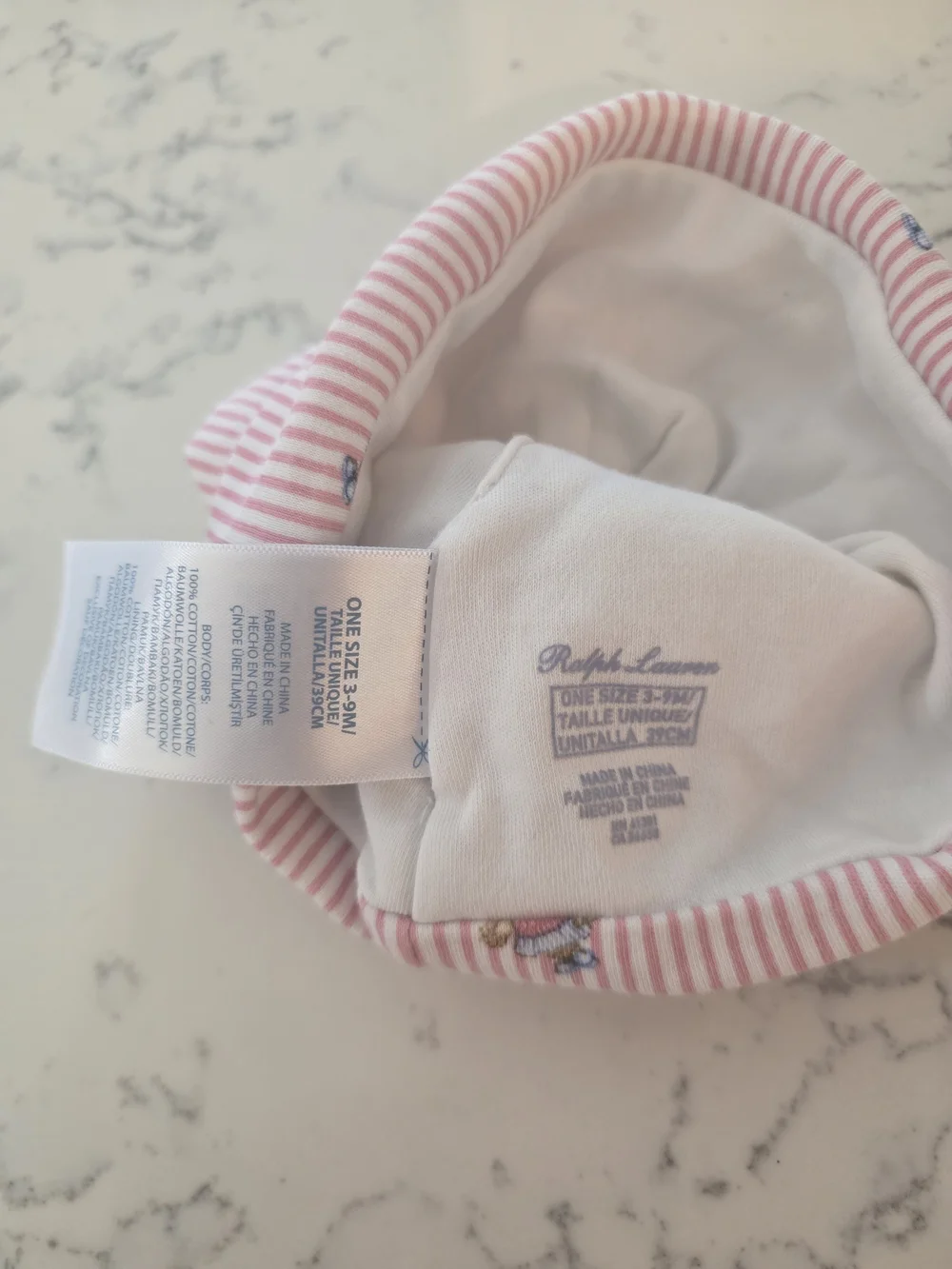 Ralph Lauren Baby Pink Striped Kids Beanie Hat with Animal Embroidery